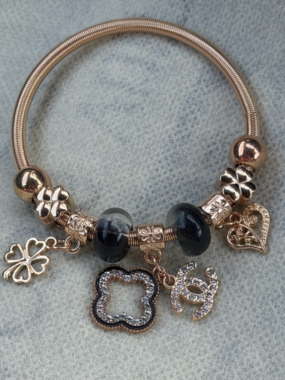 CC Letter Gold Charm Bracelet with Black Beads and Crystal Charms